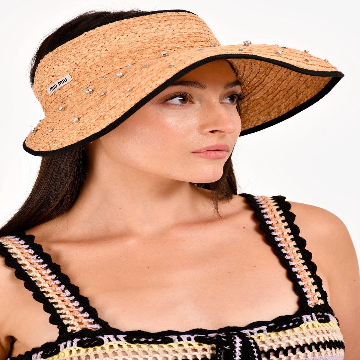 Miu Miu Crystal Embellished Straw Hat Sun Visor Size S