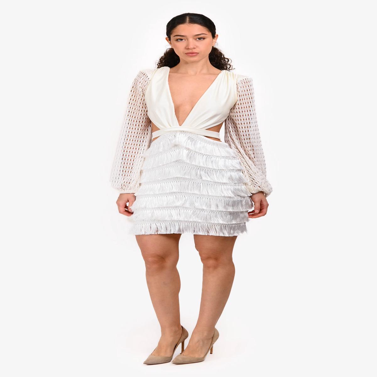 PatBO White Fringe/Crochet Cut Out Mini Dress Size 4