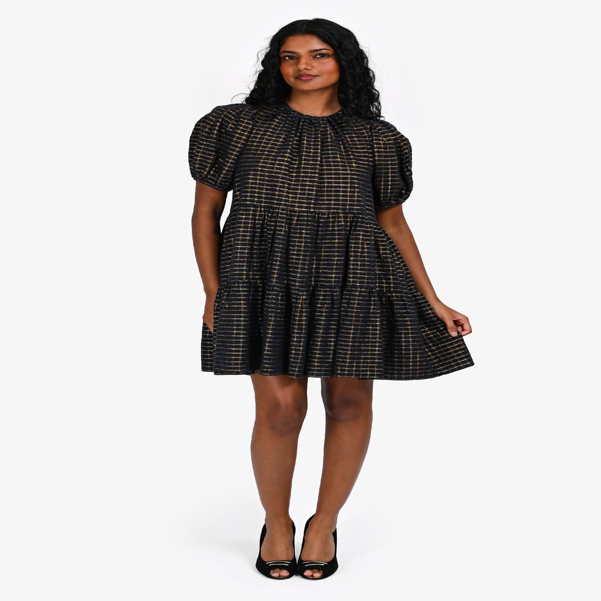 Ulla Johnson Navy/Gold Cotton Check Puff Sleeve Mini Dress Size 2