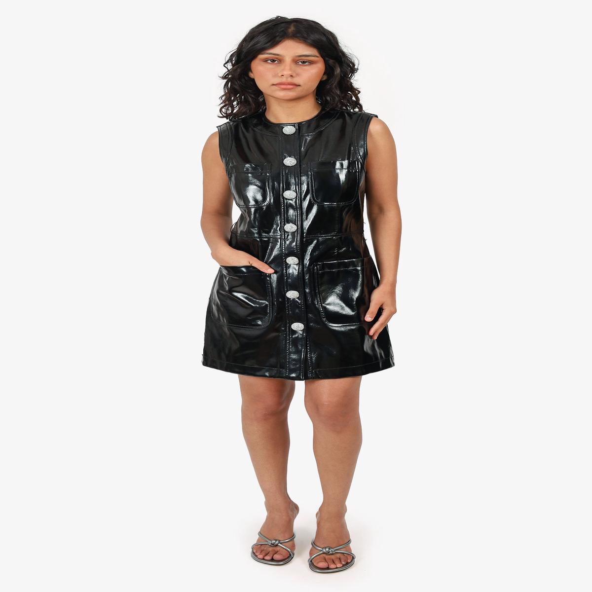 Ronny Kobo Black Patent Leather Crystal Embellished Sleeveless Mini Dress Size XS