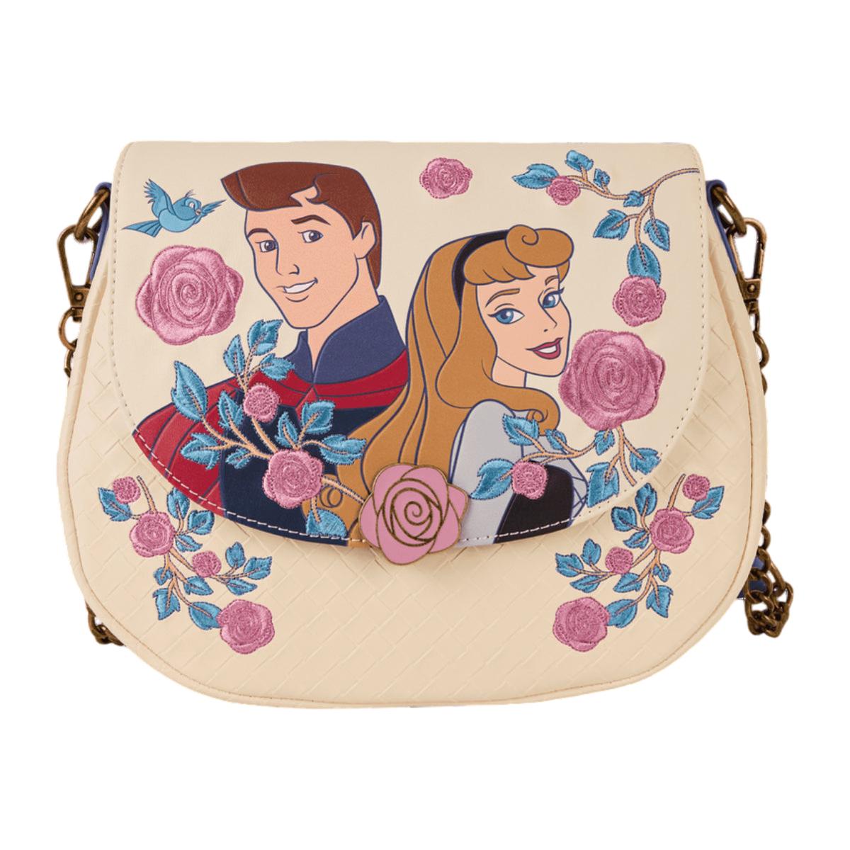 Loungefly Sleeping Beauty Princess Aurora & Prince Phillip Floral Crossbody Bag with Adjustable Strap - Beige