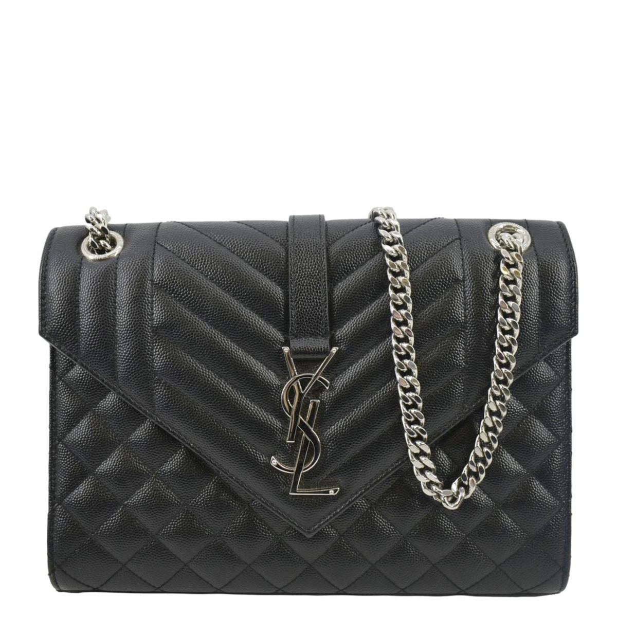 YVES SAINT LAURENT Envelope Medium Matelass Leather Crossbody Chain Bag Black