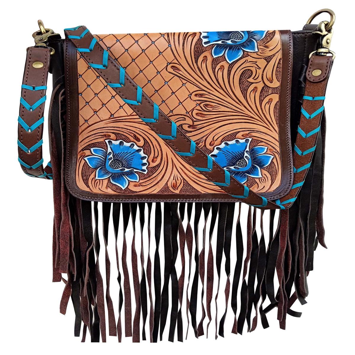 Women's Cowhide Western Antique Floral Laced Leather Shoulder Purse Crossbody Bag 18RSH04