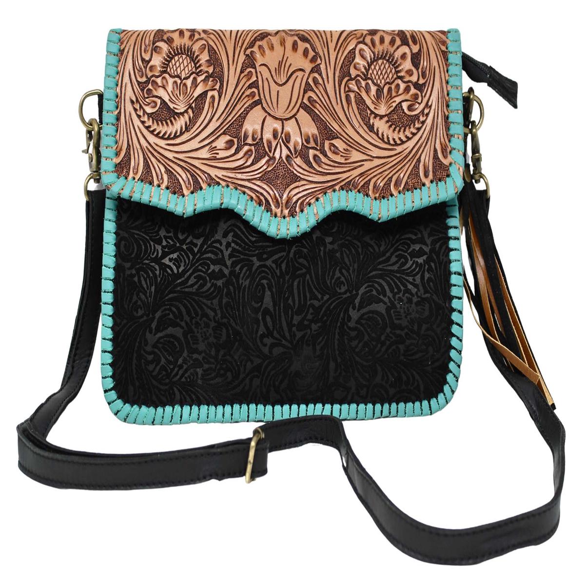 Women's Western Floral Black Embossed Turquoise Laced Leather Crossbody Shoulder Bag 18RSH25