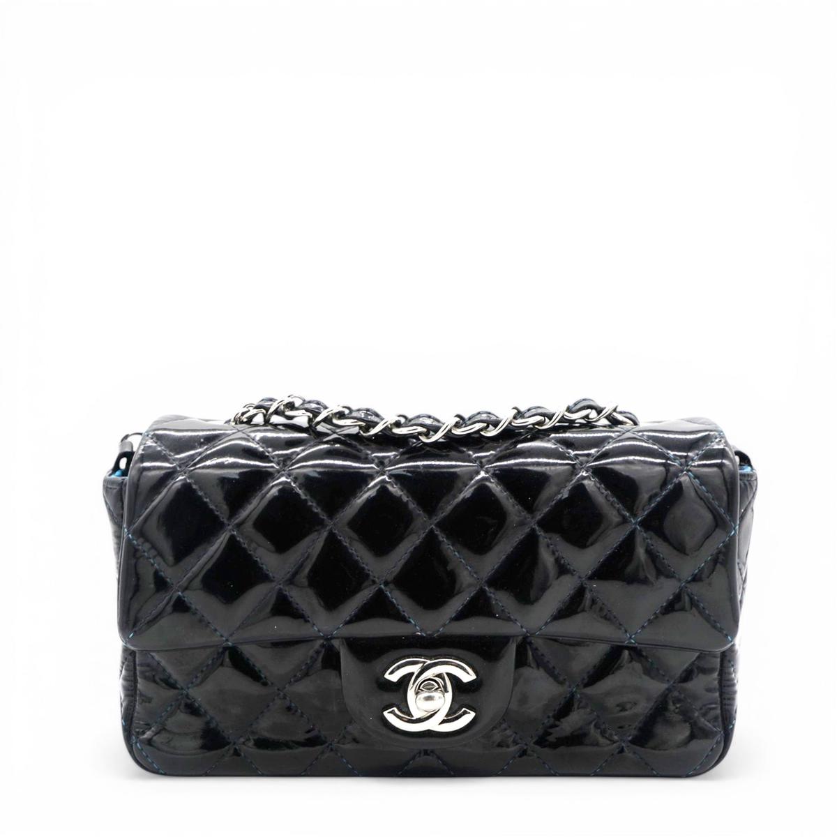 Patent Leather Quilted Mini Rectangular Flap Black