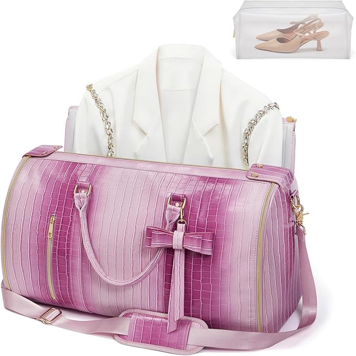 Convertible Garment Duffle Bag for Women, Foldable 2-in-1 Carry On Travel Bag with Shoe Compartment & Toiletry Pocket, PU Leather Stylish Garment Bags for Business Trip, Vacation, Pink-Whi