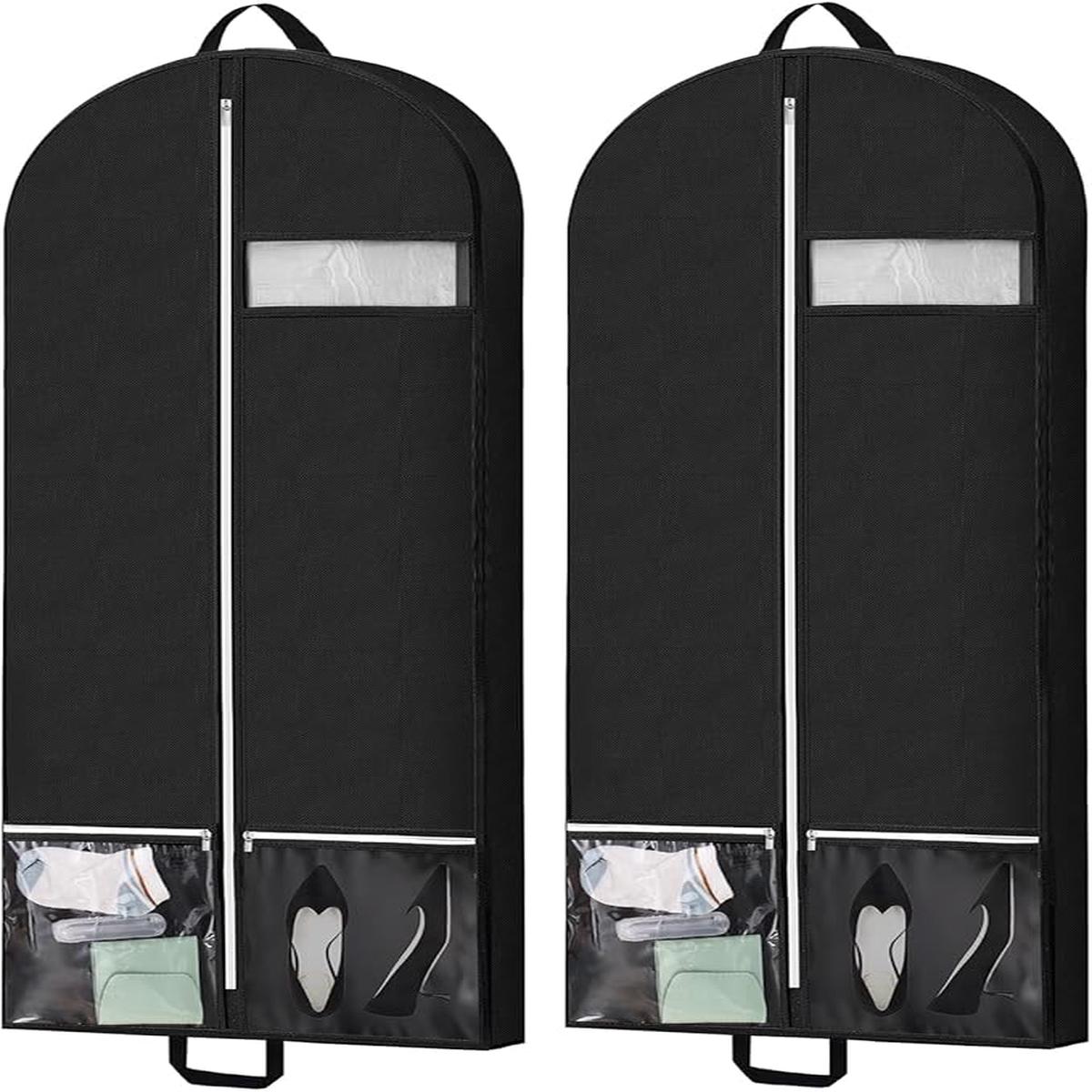 54" Garment Bags for Travel and Storage, Travel Suit Bags for Men Women with 2 Clear Pockets, Storage bags for Clothes, Suits, Dress, Shirts, Coats 2pcs Black